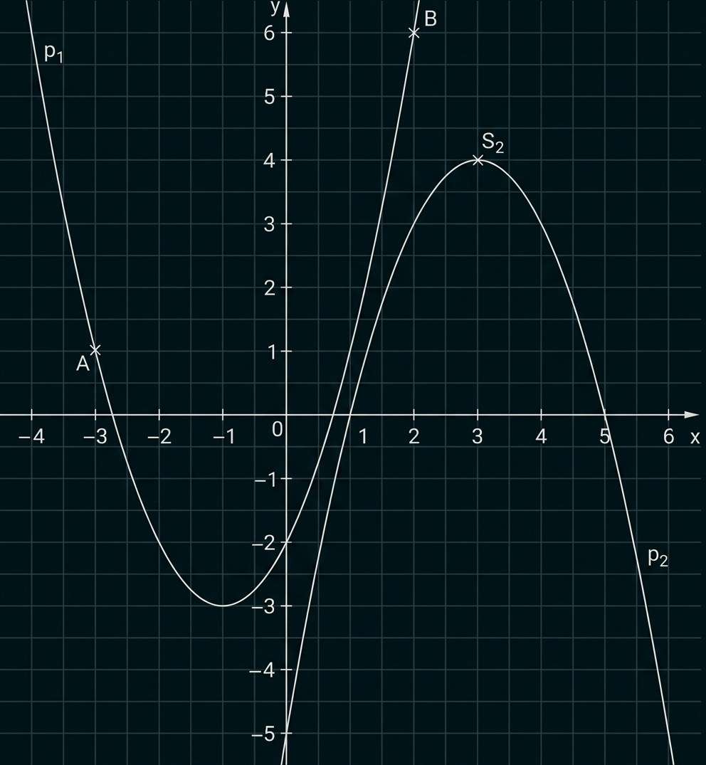 Koordinatensystem mit zwei Parabeln p₁ und p₂ sowie den markierten Punkten A, B und S₂.